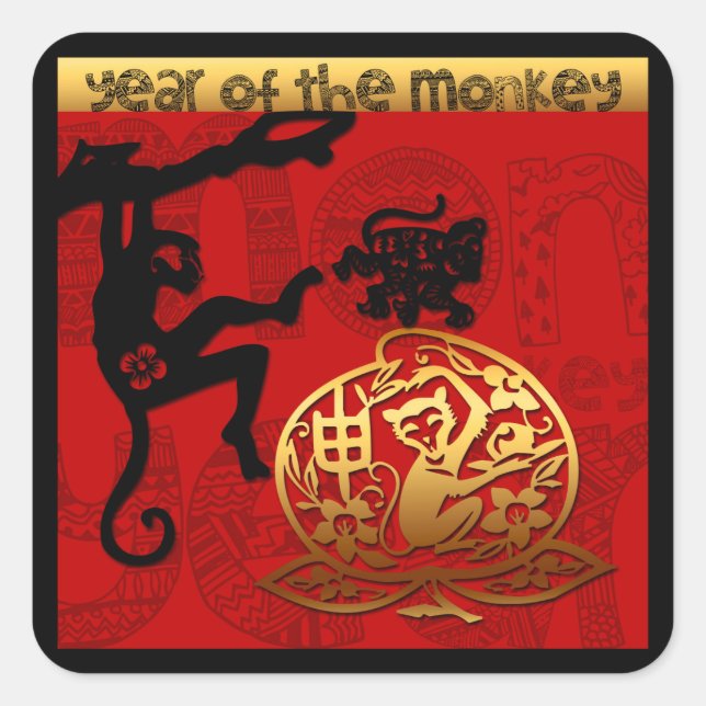 Sticker Carré Année chinoise du singe mou Anniversaire du Zodiac (Devant)