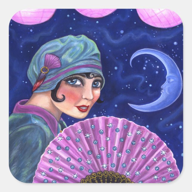 Sticker Carré Années folles Flapper Girl Fan Lune Stars (Devant)