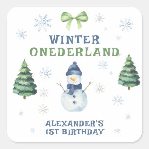 Sticker Carré Anniversaire 1 an Onederland Hiver Bonhomme de nei