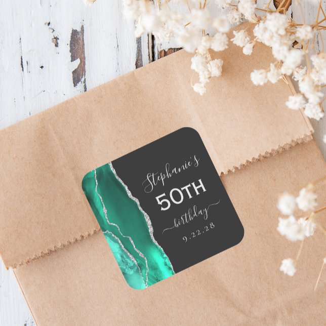 Sticker Carré Anniversaire 50 ans Agate Vert Mousse d'Argent Fon (Créateur téléchargé)