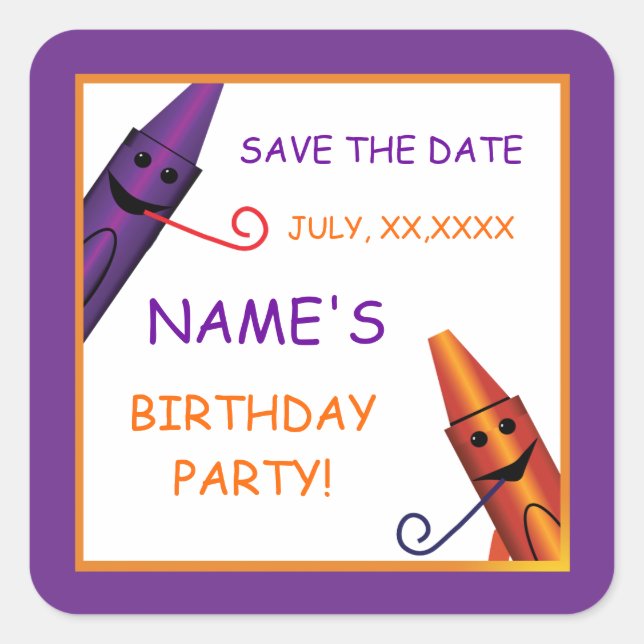 Sticker Carré Anniversaire de enfant Crayon Party Enregistrer le (Devant)