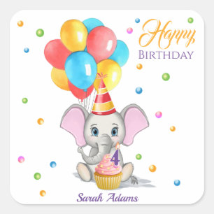 Sticker Carré Anniversaire de enfant de dessin coloré d'éléphant