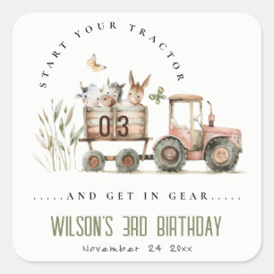 Sticker Carré Anniversaire de enfant de tracteur pour animaux de