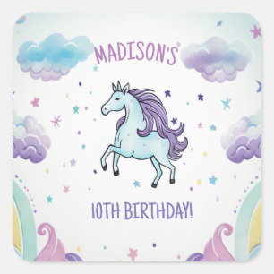 Sticker Carré Anniversaire de la licorne bleu magique et violet