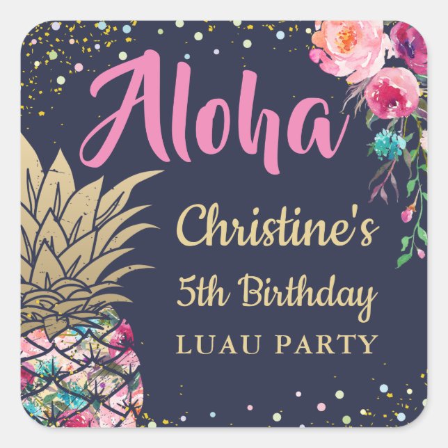 Sticker Carré Anniversaire de l'Aloha Tropical Pink Pineappal Fl (Devant)