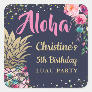 Sticker Carré Anniversaire de l'Aloha Tropical Pink Pineappal Fl