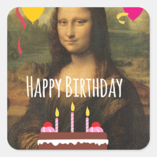 Sticker Carré Anniversaire de Mona Lisa avec gâteau et ballons
