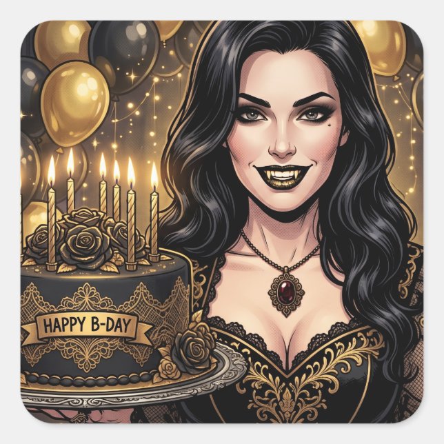 Sticker Carré Anniversaire de Vampire Gothique |  Fantastique Él (Devant)