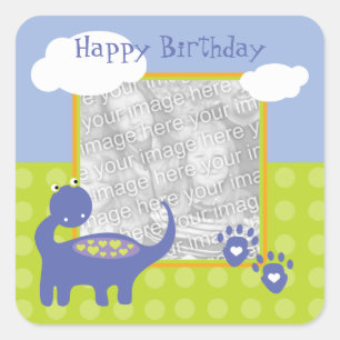 Sticker Carré Anniversaire du dinosaure violet avec points Photo