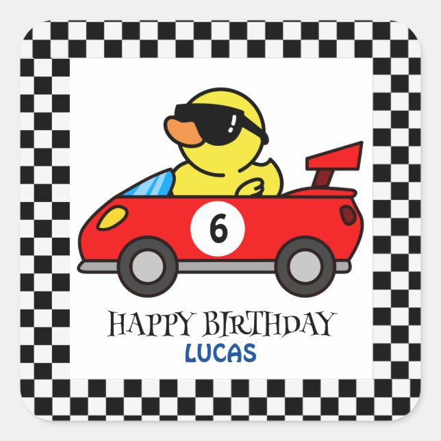 Sticker Carré Anniversaire Duck race car rouge garçon nom (Devant)