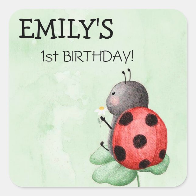 Sticker Carré Anniversaire d'une coccinelle sur une aquarelle de (Devant)