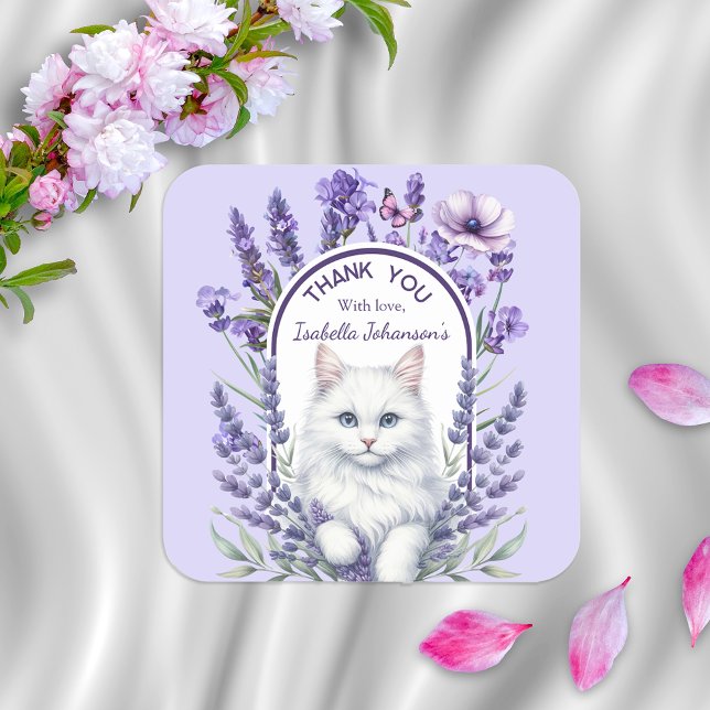 Sticker Carré Anniversaire élégant de Lavande et de Chat (Créateur téléchargé)