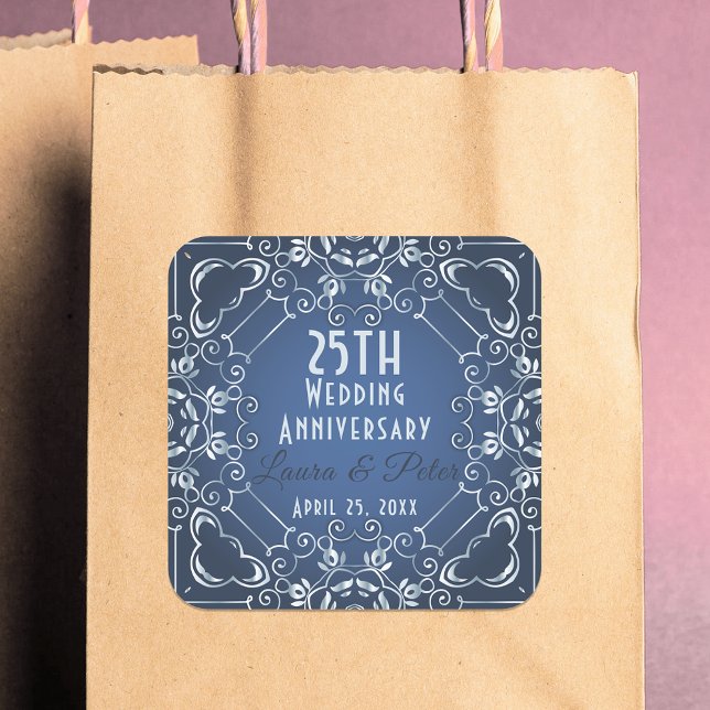 Sticker Carré Anniversaire élégant du Mariage Bleu et Argent (Créateur téléchargé)