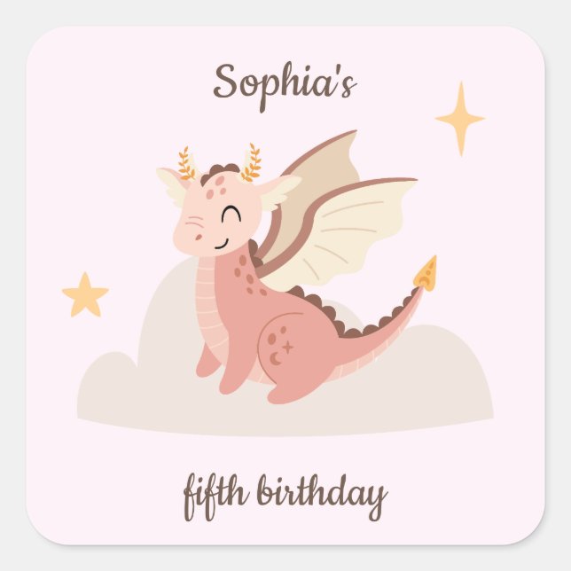 Sticker Carré Anniversaire Enfants Dragons Pastel Mignons  (Devant)
