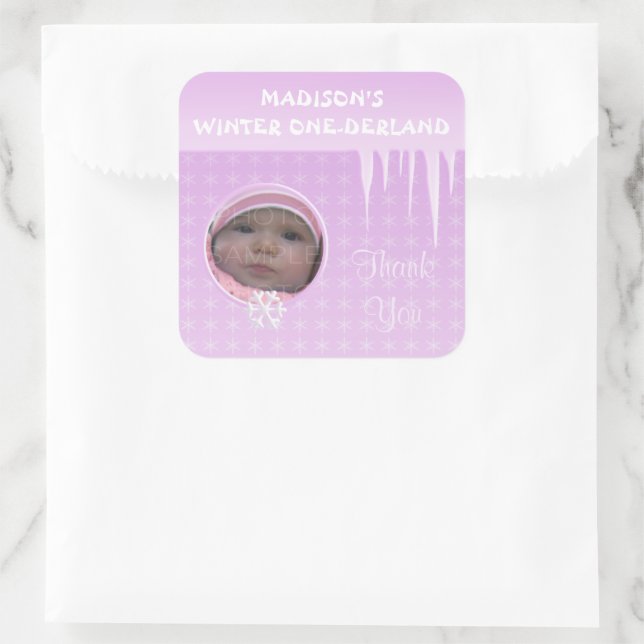 Sticker Carré Anniversaire Fille Hiver Onederland Merci autocoll (Sac)