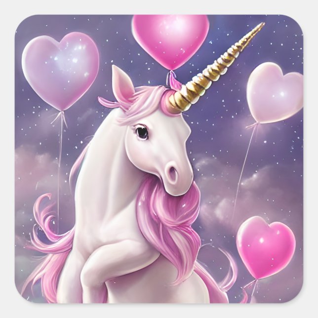 Sticker Carré Anniversaire fille Imaginaire Unicorne avec ballon (Devant)