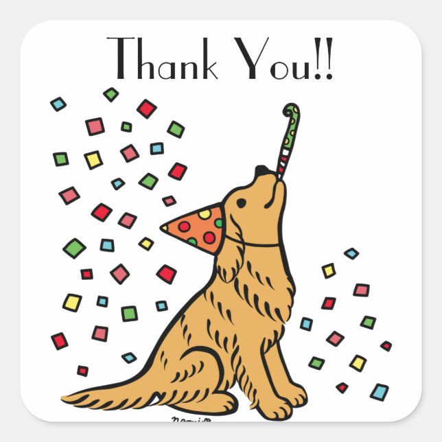Sticker Carré Anniversaire Golden Retriever Cartoon Merci (Devant)