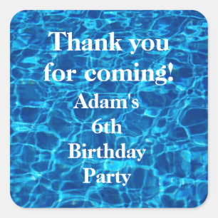 Sticker Carré Anniversaire Pool Party Bleu Merci personnalisé