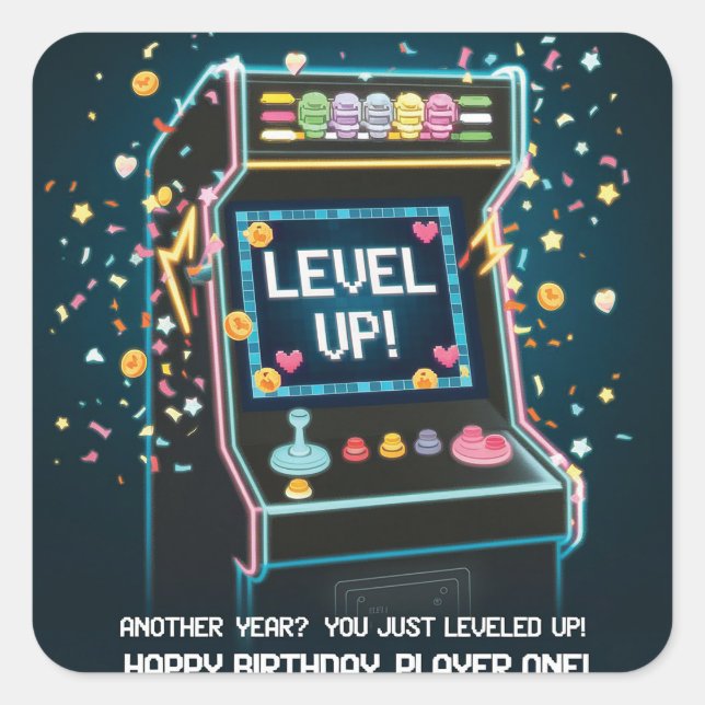 Sticker Carré Anniversaire Rétro À Thème Arcade - "Niveau Up" Ga (Devant)