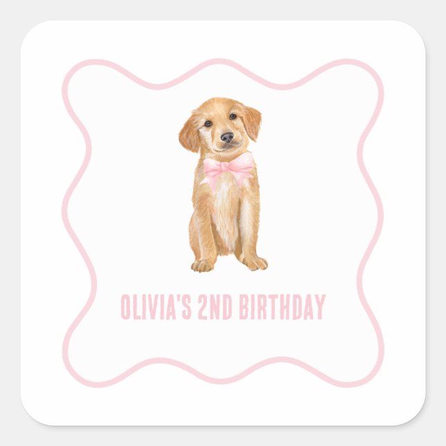 Sticker Carré Anniversaire rose chiot (Devant)