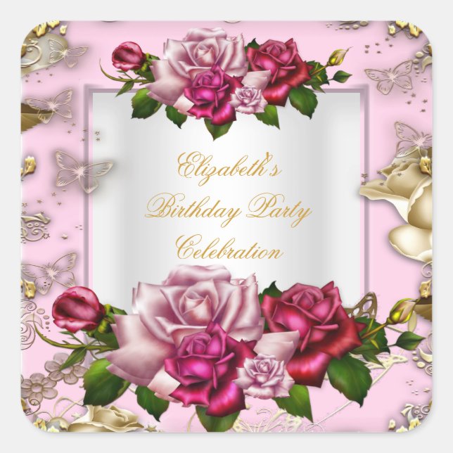 Sticker Carré Anniversaire Roses roses roses blanches Crème or (Devant)