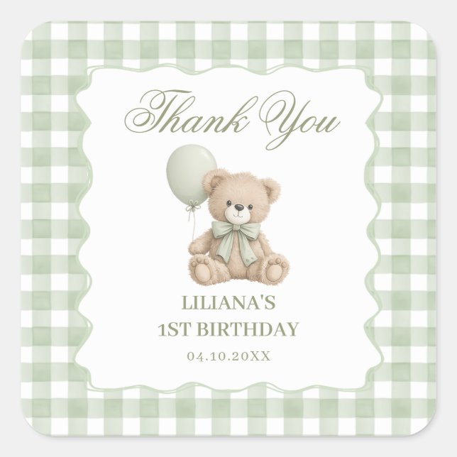 Sticker Carré Anniversaire Teddy Bear Vert  (Devant)
