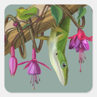 Sticker Carré Anolis vert avec fuchsias