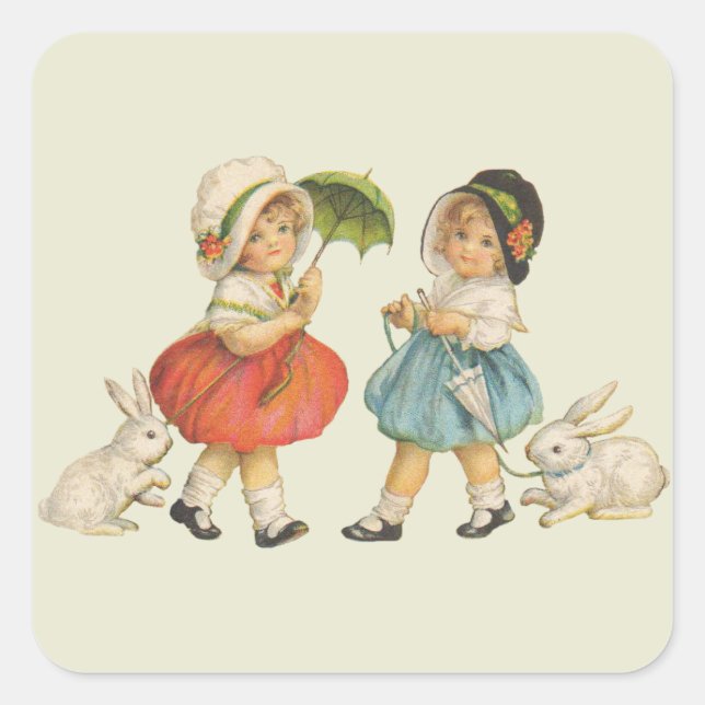 Sticker Carré Antique Enfants Rabat Art de Pâques (Devant)