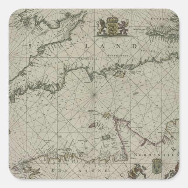 Sticker Carré Antique Map of Channel, 1666 (Devant)