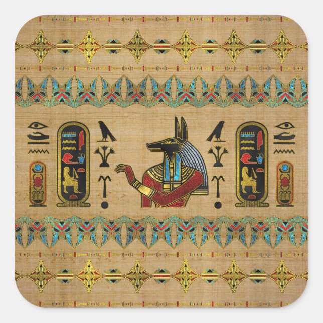 Sticker Carré Anubis égyptien ornement sur papyrus (Devant)