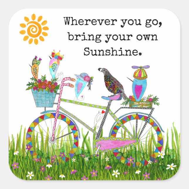 Sticker Carré Apportez vos propres oiseaux de soleil sur un vélo (Devant)