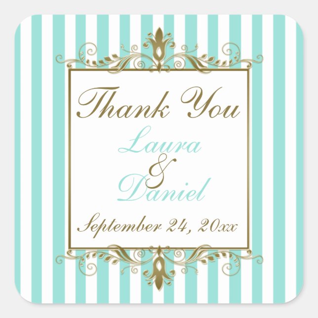 Sticker Carré Aqua, Blancs Grilles Or Parchemins Mariage Faveur (Devant)