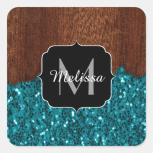 Sticker Carré Aqua bleu étincelle bois brun rustique Monogramme
