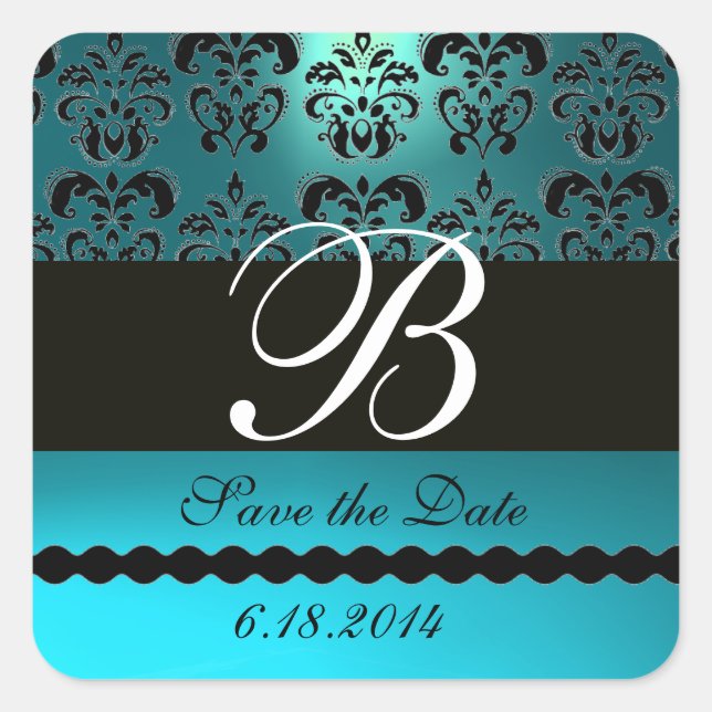 STICKER CARRÉ AQUA BLUE TURQUOISE AQUAMARINE DAMASK MONOGRAS (Devant)