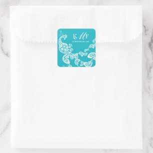 Sticker Carré Aqua Floral Paisley White Peacock Wedding Favorise