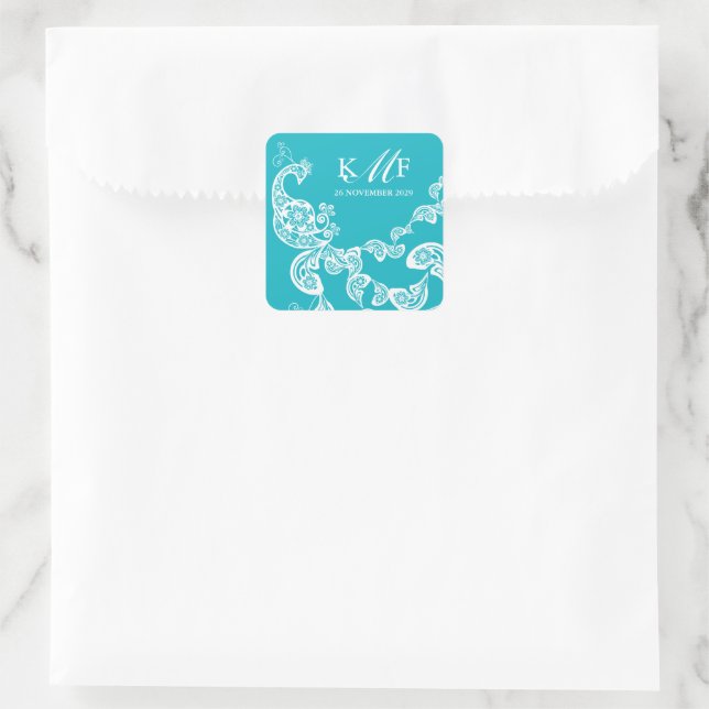 Sticker Carré Aqua Floral Paisley White Peacock Wedding Favorise (Sac)