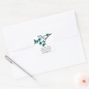 Sticker Carré Aqua Simple Cherry Blossoms Enregistrer la date