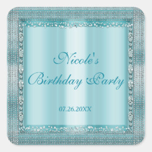 Sticker Carré Aqua Turquoise Blue & Silver Diamond Bling Party F