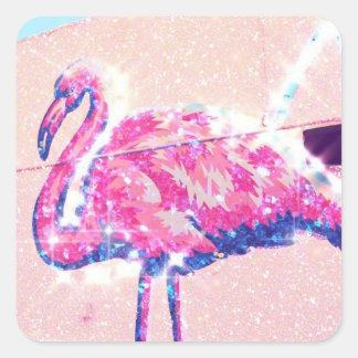 Sticker Carré aqua turquoise rose flamingo parties scintillant f