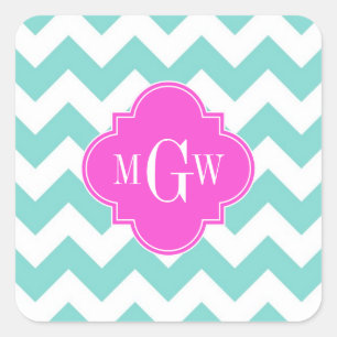 Sticker Carré Aqua White Chevron Hot Pink Quatrefoil 3 monogram