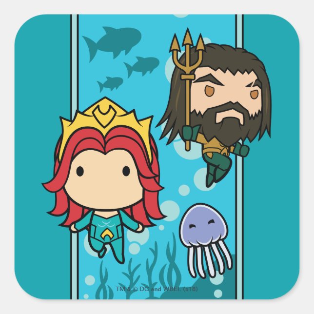 Sticker Carré Aquaman | Chibi Mera & Aquaman Graphisme sous-mari (Devant)