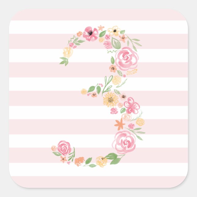 Sticker Carré Aquarelle 3e anniversaire Floral TROIS (Devant)