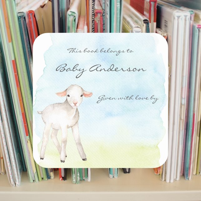 Sticker Carré Aquarelle Agneau de ferme baby shower animal plaqu (Créateur téléchargé)