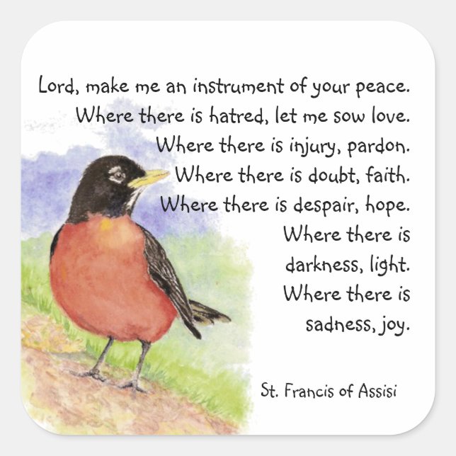 Sticker Carré Aquarelle American Robin Bird St. Francis Prière (Devant)