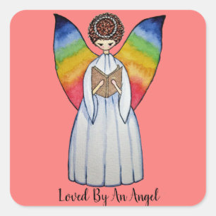 Sticker Carré Aquarelle Angel Avec Arcs-En-Ciel Lire Un Livre