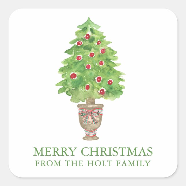 Sticker Carré Aquarelle Arbre de Noël Cadeau Topiaire (Devant)
