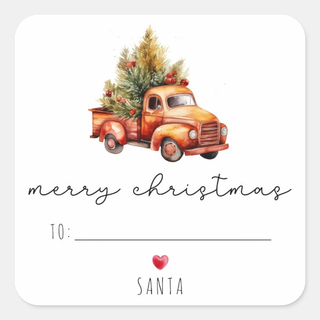 Sticker Carré Aquarelle Arbre de Noël Camion Joyeux Noël (Devant)