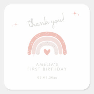Sticker Carré Aquarelle arc-en-ciel Boho rose Premier anniversai