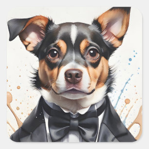 Sticker Carré Aquarelle Art mignon chien Tuxedo Black Bow Cravat