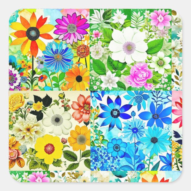 Sticker Carré Aquarelle Art Patchwork Floral Fleurs (Devant)
